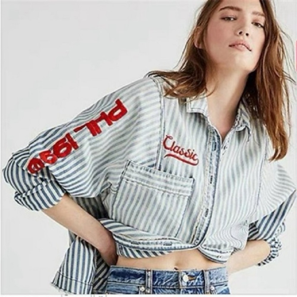 NWT We the Free People Retro embroidered Classic Pinup Railroad Stripe Button M